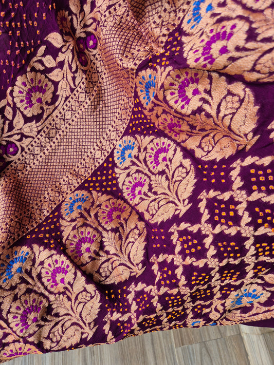 Megenta Georgette Golden embroidered Banarasi Rai Bandhej saree