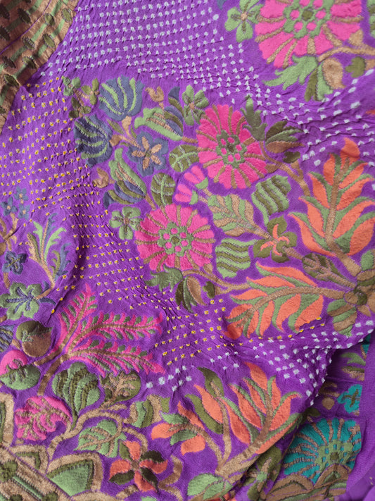 Lavender Georgette Resham embroidered Banarasi Rai Bandhej saree