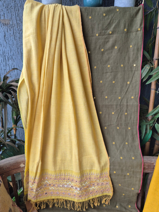 Mustard Olive Kala Cotton Kutchi Weave Suit