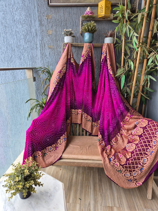 Megenta Georgette Golden embroidered Banarasi Rai Bandhej saree