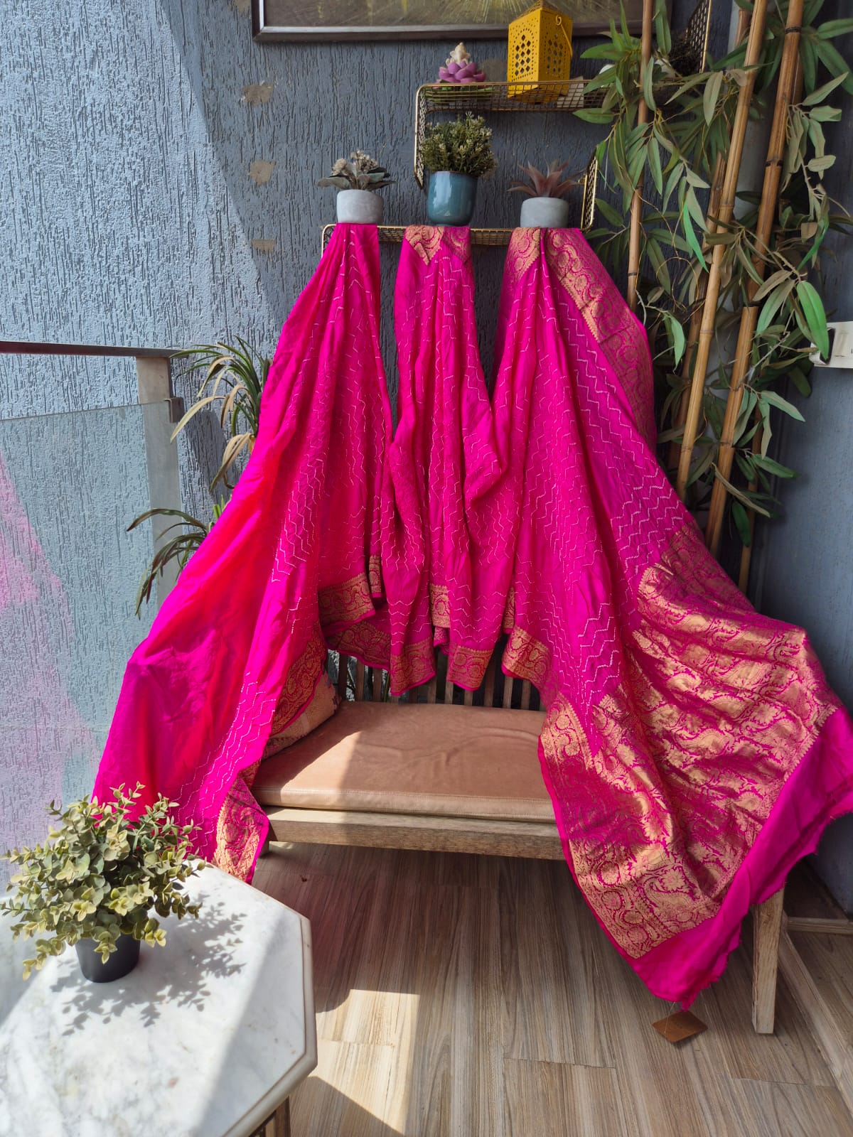 Pure Katan silk Rani Pink Banarasi Rai Bandhej Saree