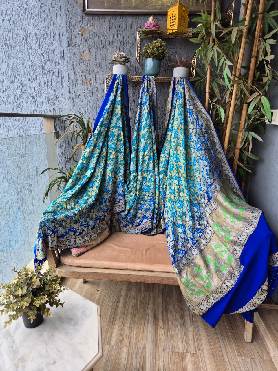 Ombre Golden zari Blue Shikarga Banarasi Rai Bandhej Saree