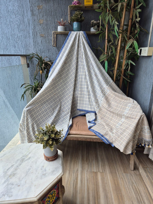 White Blue Check Kala Cotton Kutchi Weave Saree