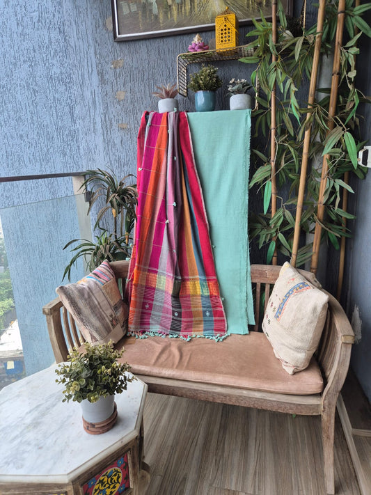 Sea Green with multi color dupatta Kala Cotton Kutchi Weave Suit