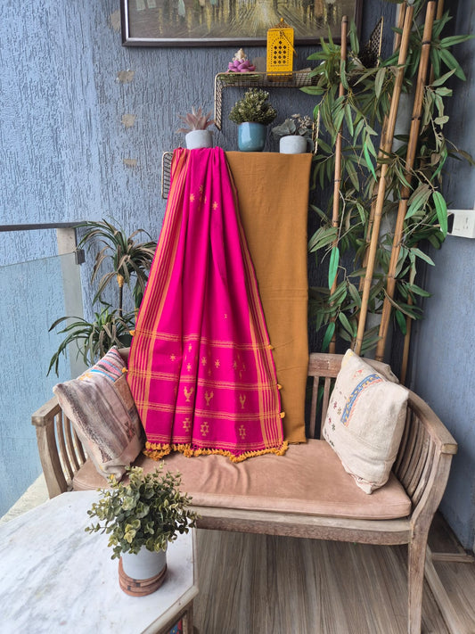 Brown with Rani Pink Kala Cotton Kutchi Weave Suit