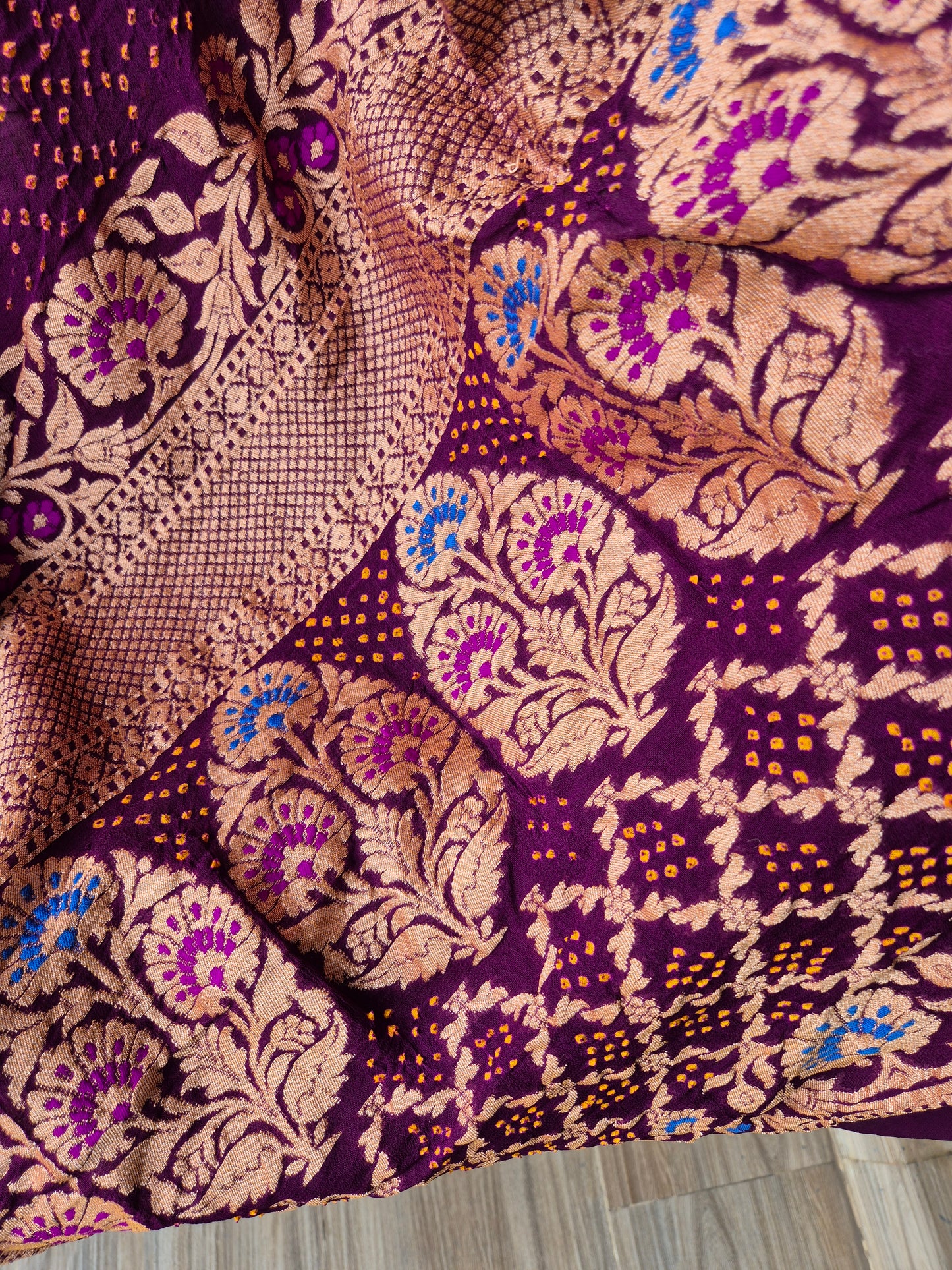 Megenta Georgette Golden embroidered Banarasi Rai Bandhej saree