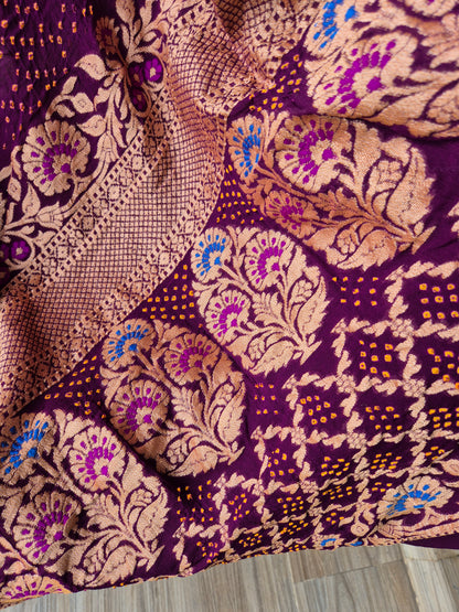 Megenta Georgette Golden embroidered Banarasi Rai Bandhej saree