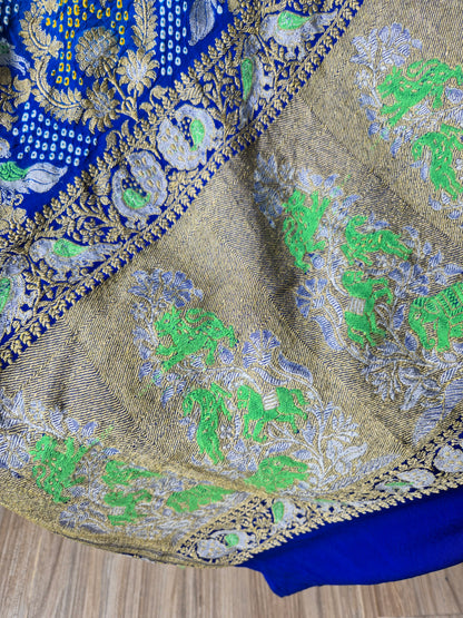 Ombre Blue Resham Embroidered Banarasi Rai Bandhej Saree