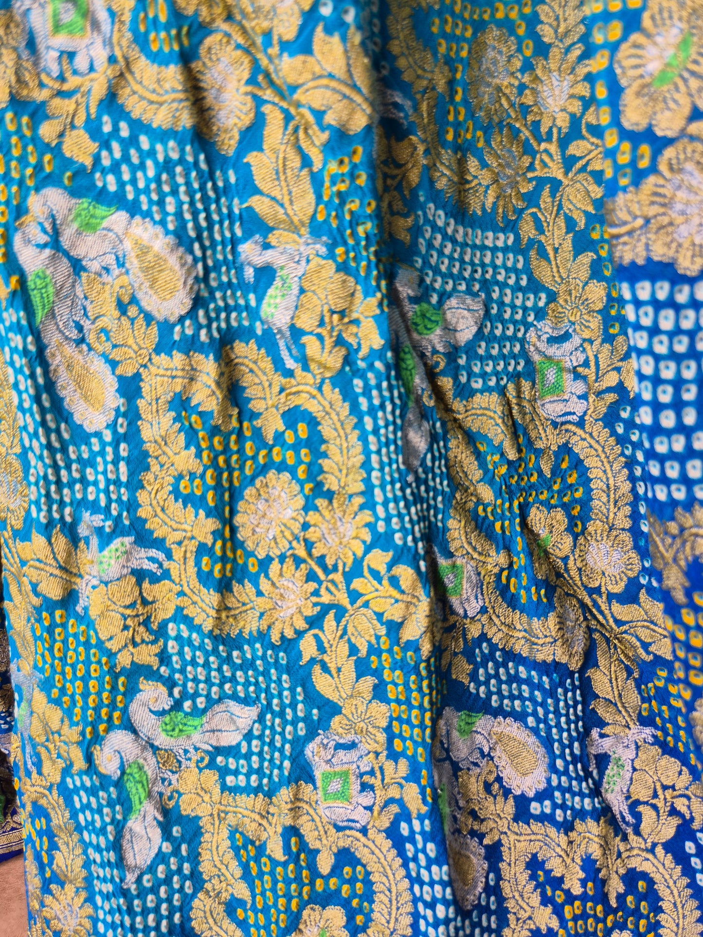 Ombre Golden zari Blue Shikarga Banarasi Rai Bandhej Saree