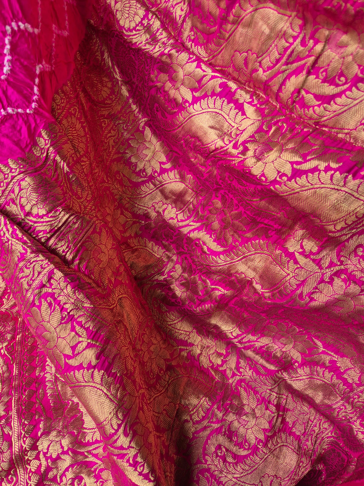 Pure Katan silk Rani Pink Banarasi Rai Bandhej Saree