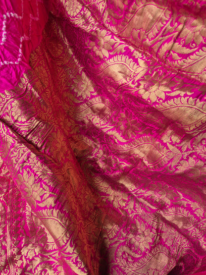 Pure Katan silk Rani Pink Banarasi Rai Bandhej Saree