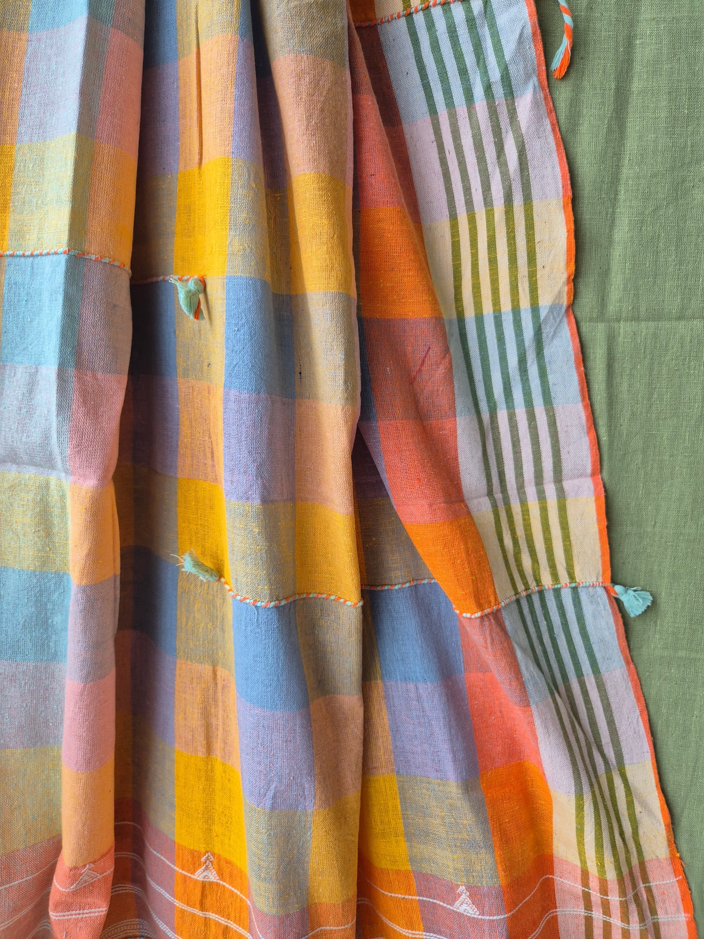 Sage Green with Multi check dupatta Kala Cotton Kutchi Weave Suit