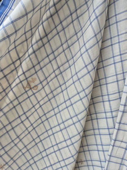 White Blue Check Kala Cotton Kutchi Weave Saree