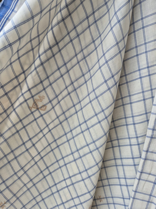 White Blue Check Kala Cotton Kutchi Weave Saree