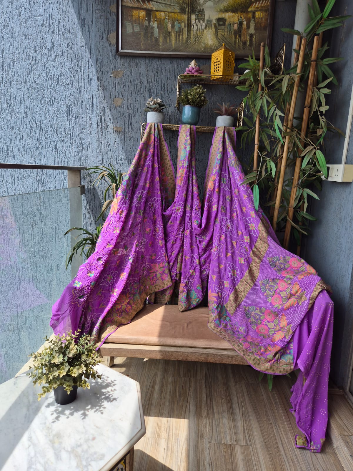 Lavender Georgette Resham embroidered Banarasi Rai Bandhej saree