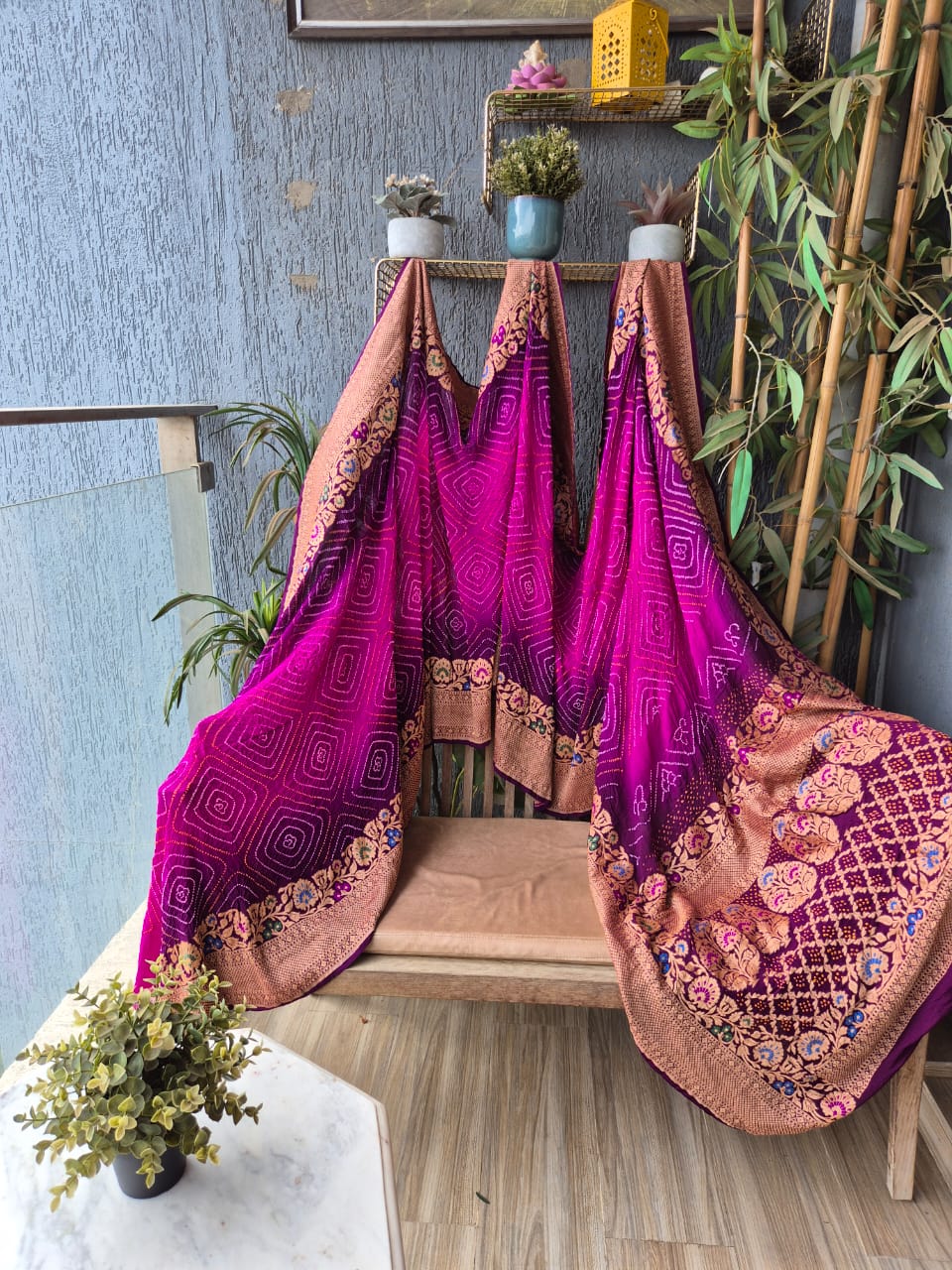 Megenta Georgette Golden embroidered Banarasi Rai Bandhej saree