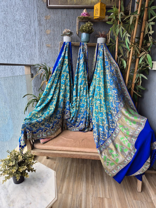 Ombre Golden zari Blue Shikarga Banarasi Rai Bandhej Saree