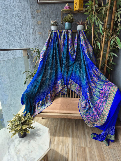 Ombre Blue Resham Embroidered Banarasi Rai Bandhej Saree