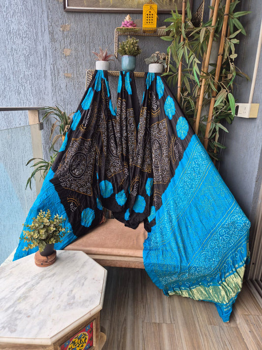 Black Blue Gaji Silk Rai Bandhej Saree