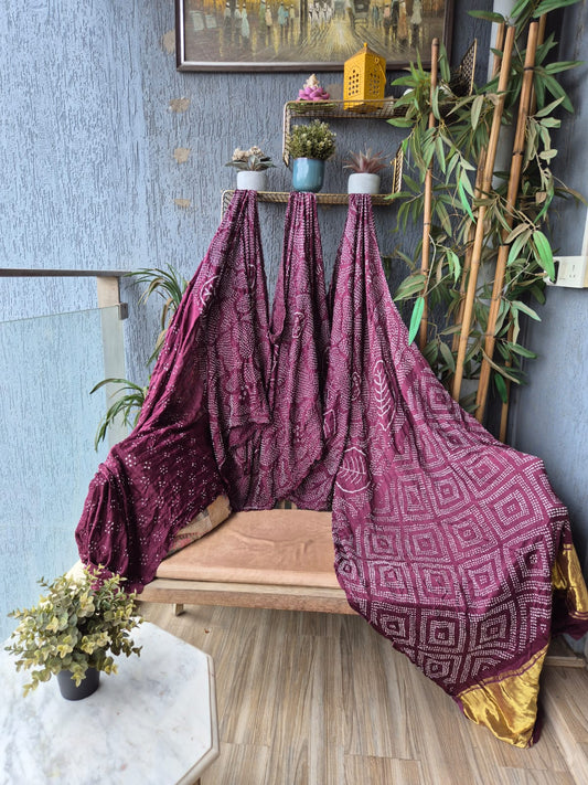 Wine Burgandy Gaji Silk Rai Bandhej Saree