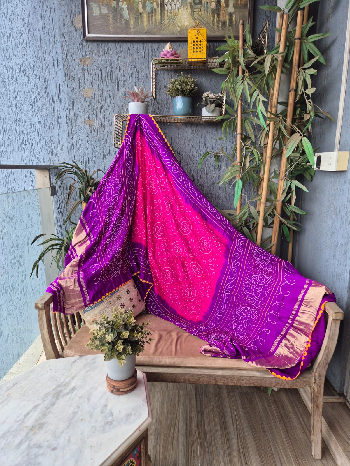 Pink Purple Gaji Silk Rai Bandhej Dupatta