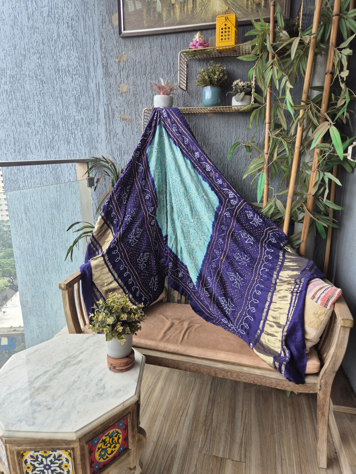 Sea Green Blue Gaji Silk Rai Bandhej Dupatta