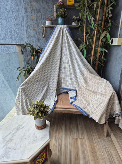 White Blue Check Kala Cotton Kutchi Weave Saree