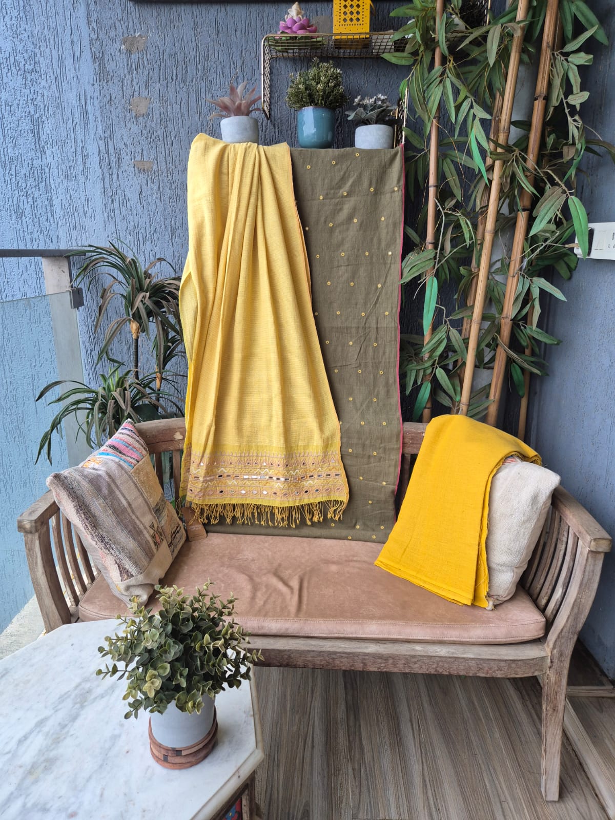 Mustard Olive Kala Cotton Kutchi Weave Suit