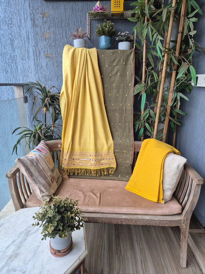 Mustard Olive Kala Cotton Kutchi Weave Suit