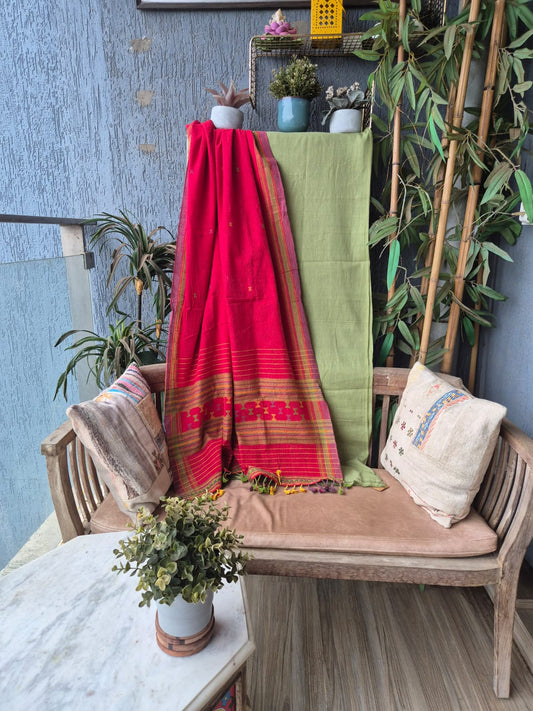 Sage Green with Red Kala Cotton Kutchi Weave Suit