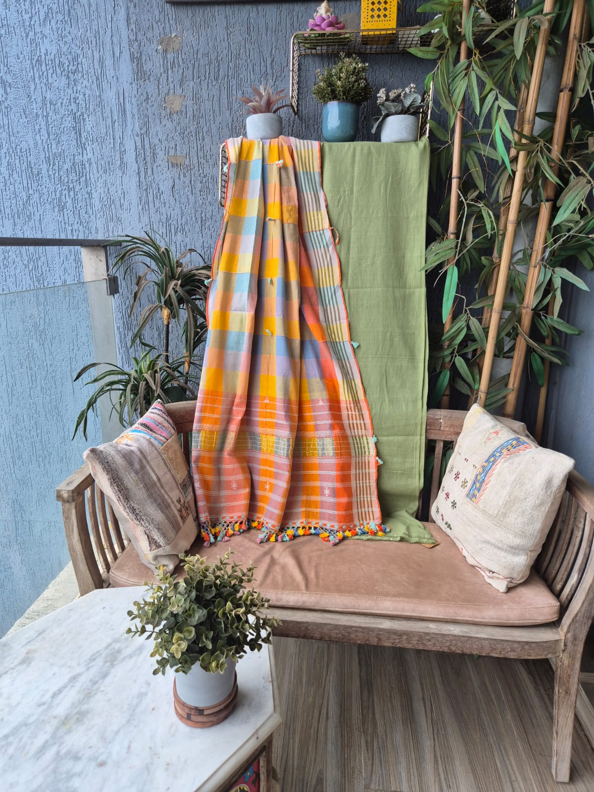 Sage Green with Multi check dupatta Kala Cotton Kutchi Weave Suit